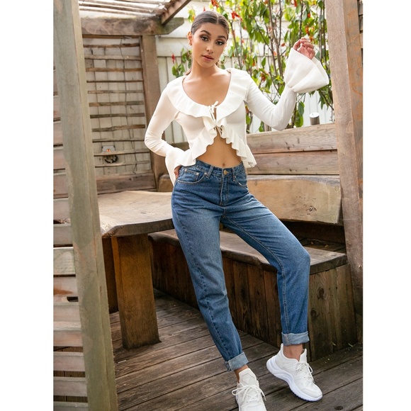 White Front Tie Ruffle Trim Crop Top - Picture 5 of 8